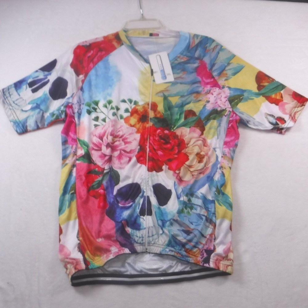 Coolmax Floral Skull Cycling Jersey Short Sleeve Full Zip‎ 3XL Multi Color